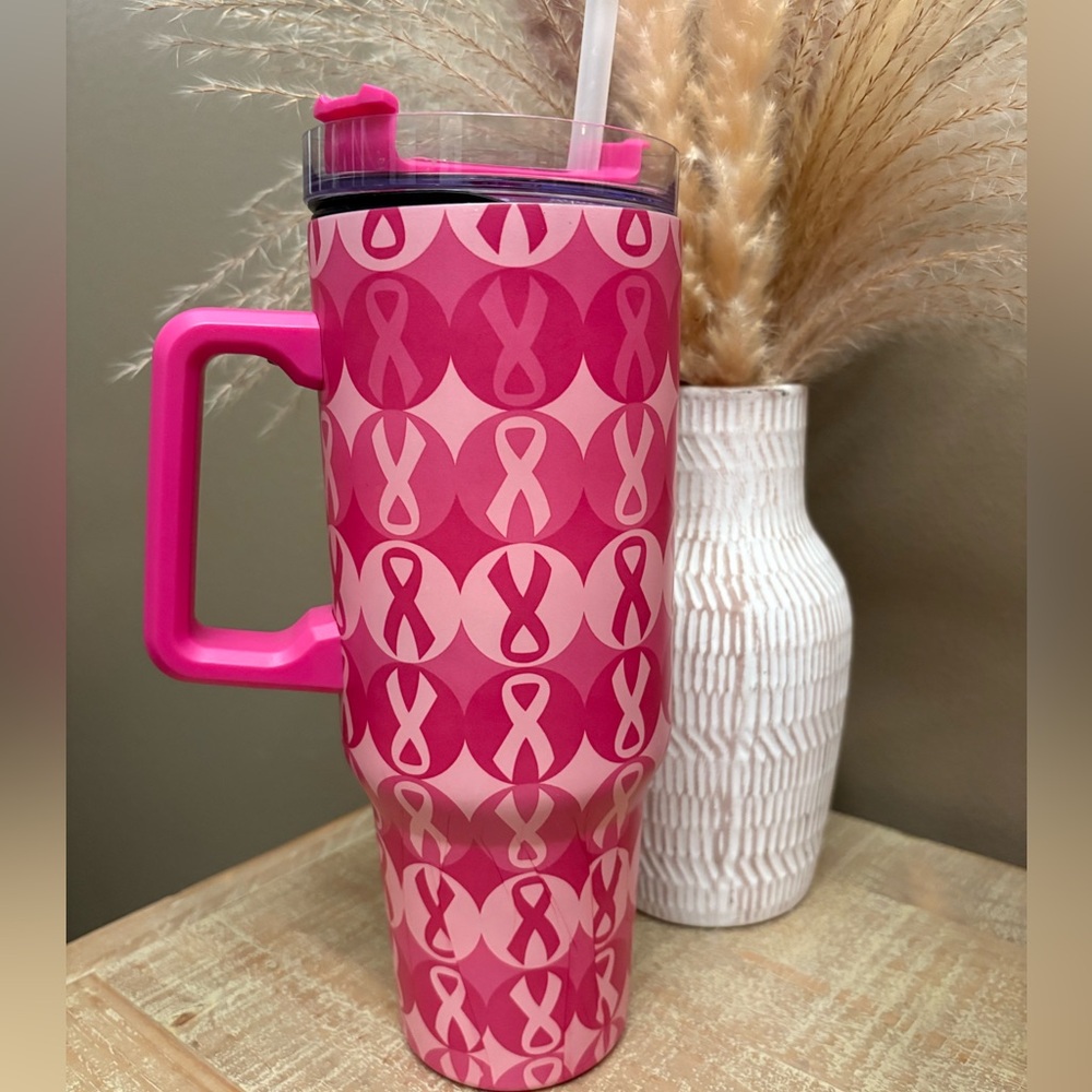 Pink Ribbon 🎀 Breast Cancer 40 ounce Tumbler with Handle